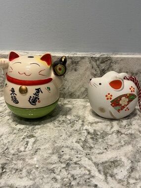 Ceramic Japanese Cat & Mouse figurines Maneki